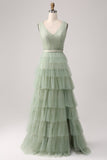 Pleated Tiered Green Ball Dress with Slit