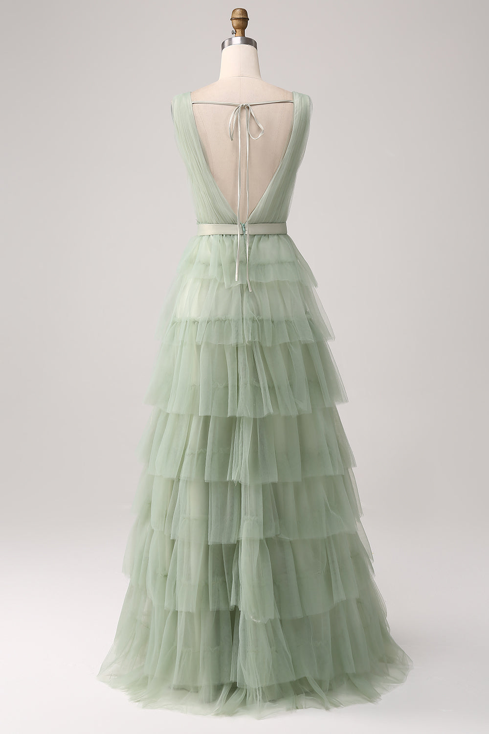 Pleated Tiered Green Ball Dress with Slit