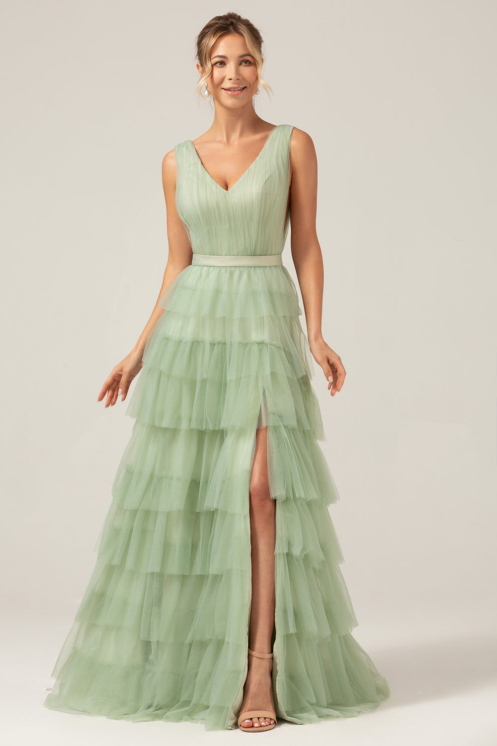 Green Tiered A Line V-Neck Tulle Long Ball Dress with Slit