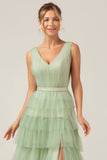Green Tiered A Line V-Neck Tulle Long Ball Dress with Slit