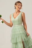 Green Tiered A Line V-Neck Tulle Long Ball Dress with Slit