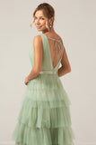 Green Tiered A Line V-Neck Tulle Long Ball Dress with Slit