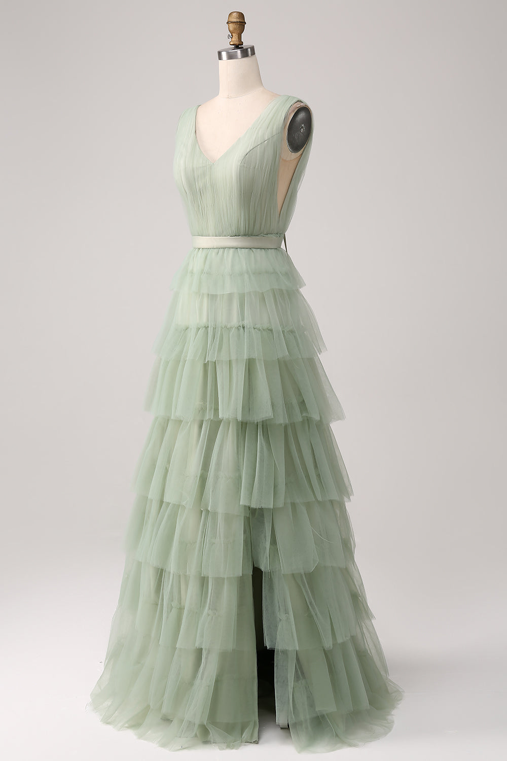 Pleated Tiered Green Ball Dress with Slit