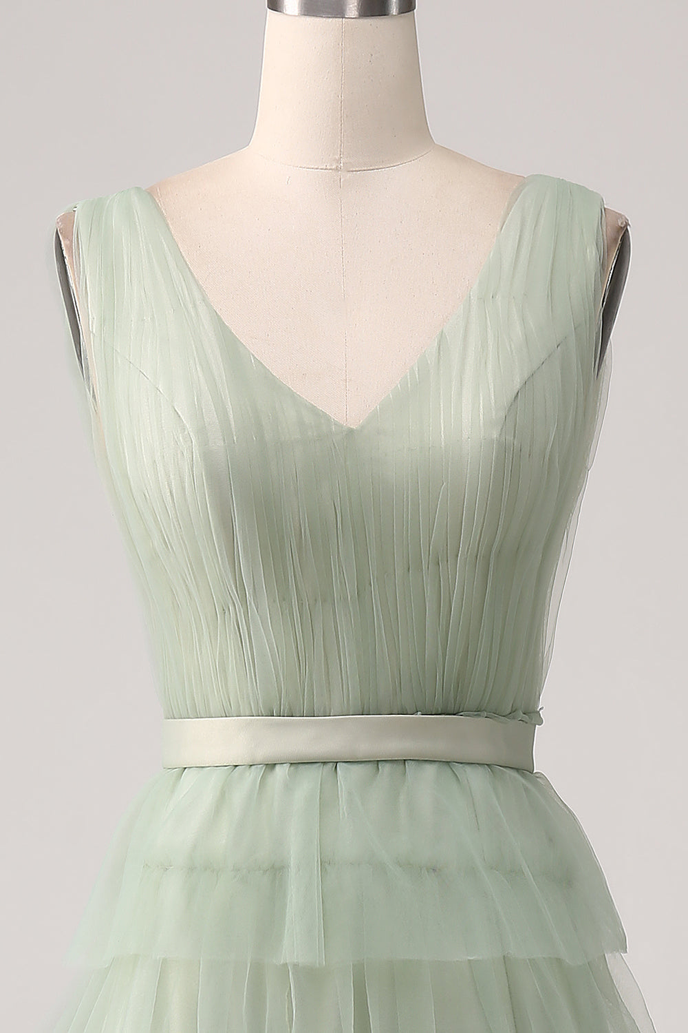 Pleated Tiered Green Ball Dress with Slit
