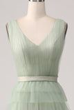 Pleated Tiered Green Ball Dress with Slit