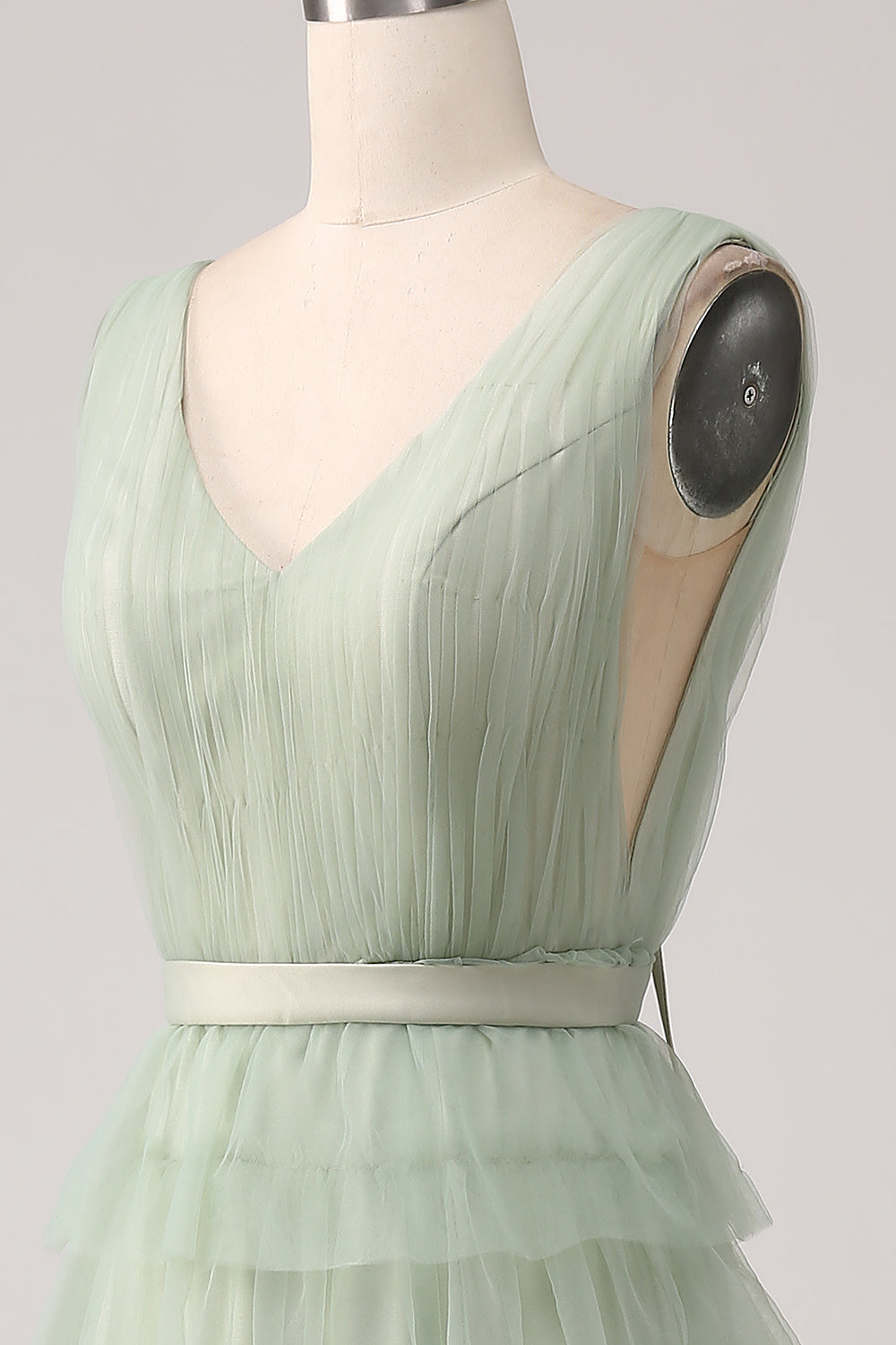 Pleated Tiered Green Ball Dress with Slit