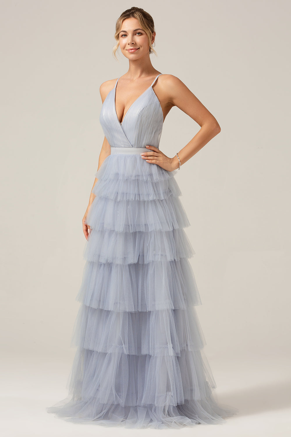 Grey Blue A Line Tiered Tulle Ball Dress