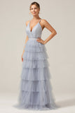 Grey Blue A Line Tiered Tulle Ball Dress