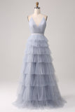 Grey Blue A Line Tiered Tulle Backless Long Ball Dress
