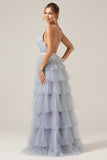Grey Blue A Line Tiered Tulle Ball Dress