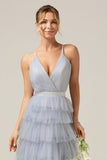 Grey Blue A Line Tiered Tulle Ball Dress