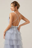 Grey Blue A Line Tiered Tulle Ball Dress
