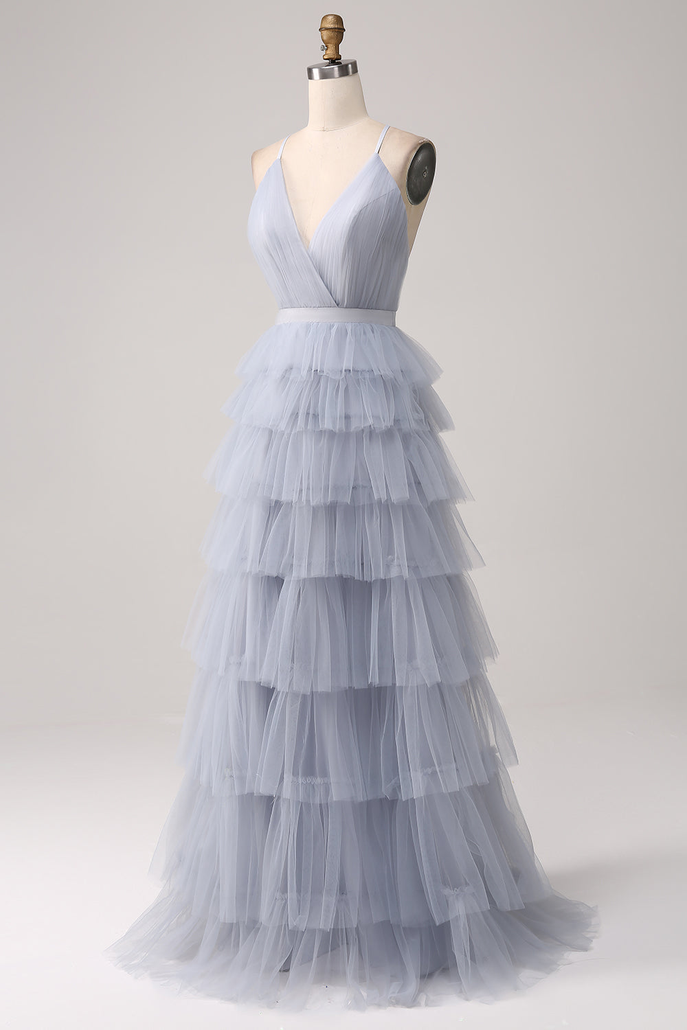 Grey Blue A Line Tiered Tulle Backless Long Ball Dress