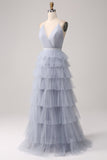 Grey Blue A Line Tiered Tulle Backless Long Ball Dress