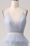 Grey Blue A Line Tiered Tulle Backless Long Ball Dress