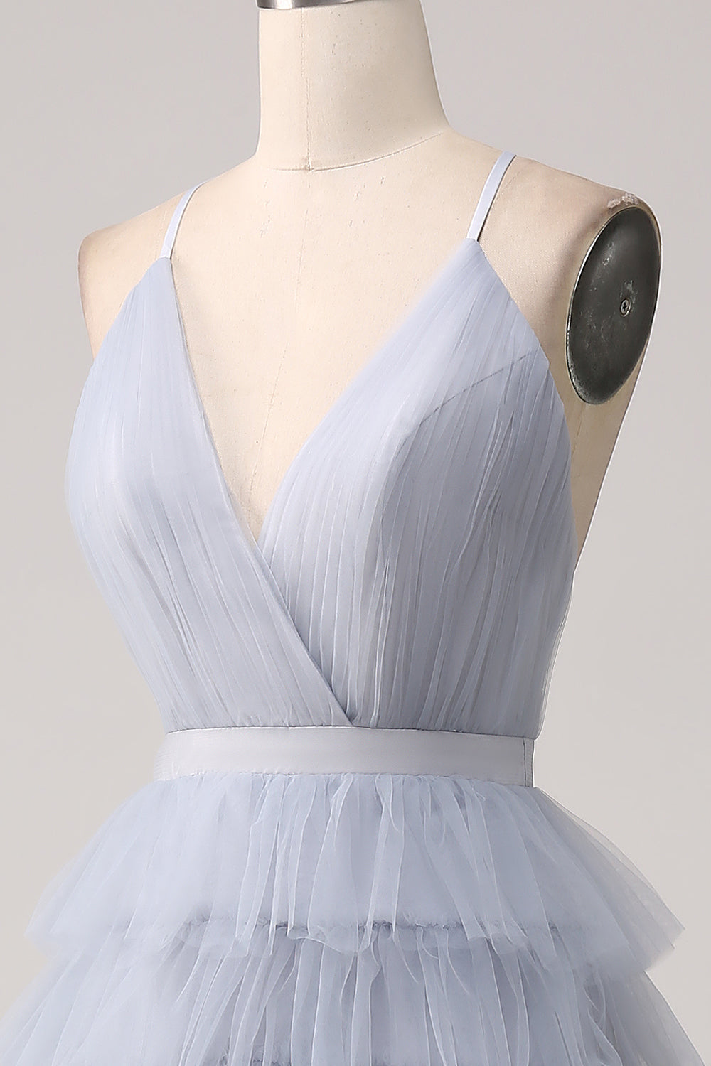 Grey Blue A Line Tiered Tulle Backless Long Ball Dress