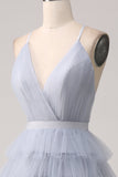 Grey Blue A Line Tiered Tulle Backless Long Ball Dress