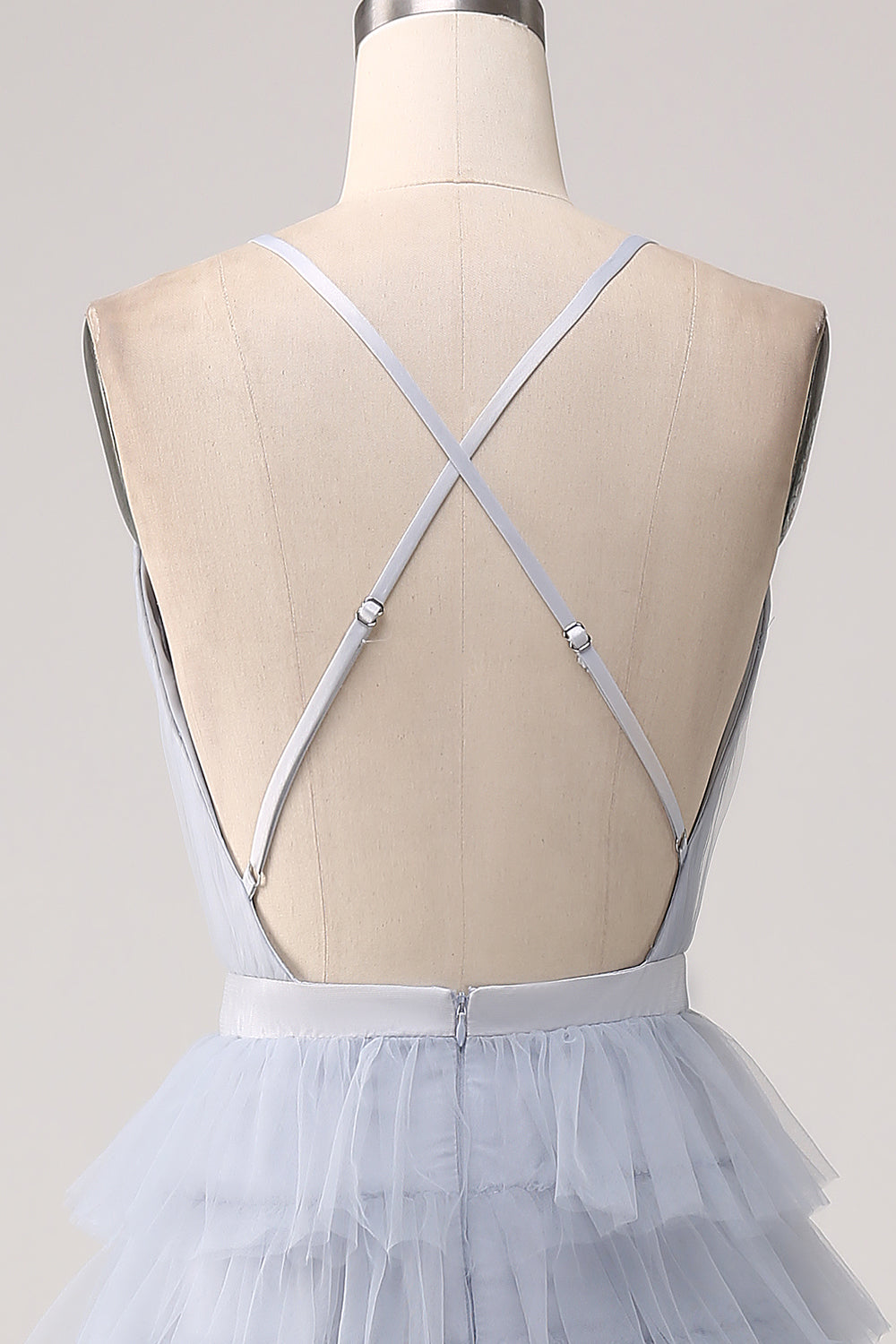 Grey Blue A Line Tiered Tulle Backless Long Ball Dress
