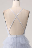 Grey Blue A Line Tiered Tulle Backless Long Ball Dress