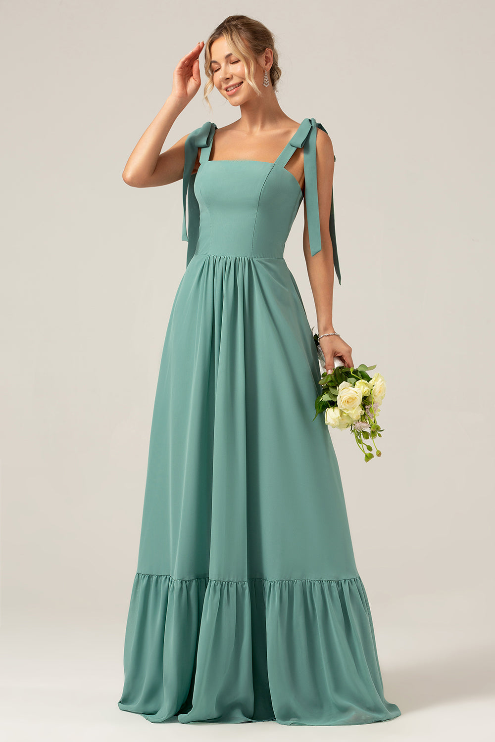 A Line Eucalyptus Chiffon Long Bridesmaid Dress with Pleats