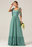A Line Eucalyptus Chiffon Long Bridesmaid Dress with Pleats