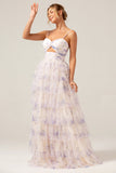 Lavender Flower Princess Spaghetti Straps Tiered Ball Dress