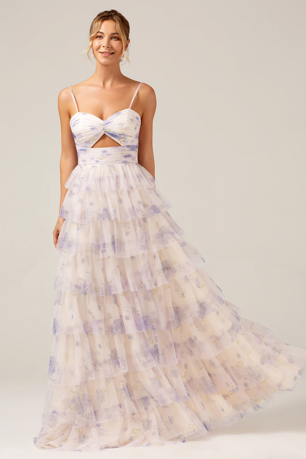 Lavender Flower Princess Spaghetti Straps Tiered Ball Dress