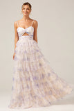 Lavender Flower Princess Spaghetti Straps Tiered Ball Dress