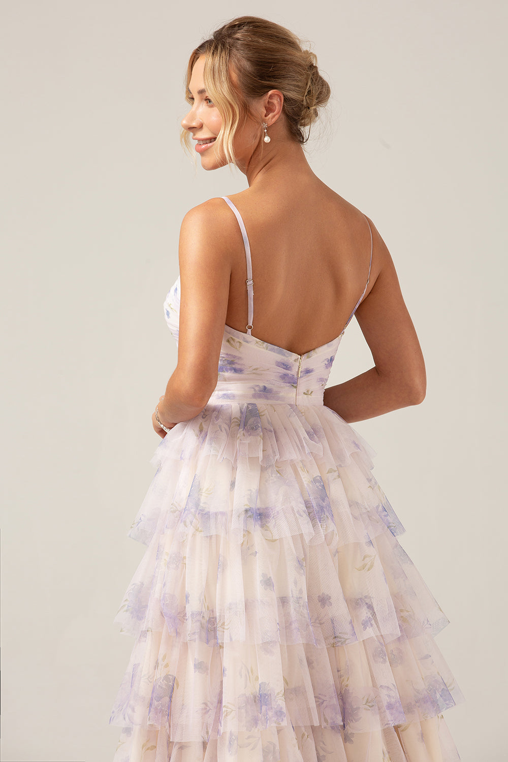 Lavender Flower Princess Spaghetti Straps Tiered Ball Dress