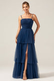 A Line Spaghetti Straps Tiered Navy Tulle Pleated Ball Dress with Slit
