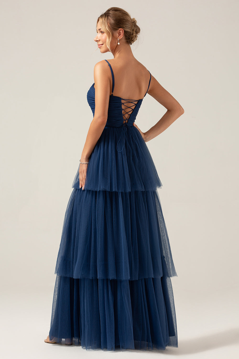 A Line Spaghetti Straps Tiered Navy Tulle Pleated Ball Dress with Slit