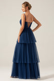 A Line Spaghetti Straps Tiered Navy Tulle Pleated Ball Dress with Slit