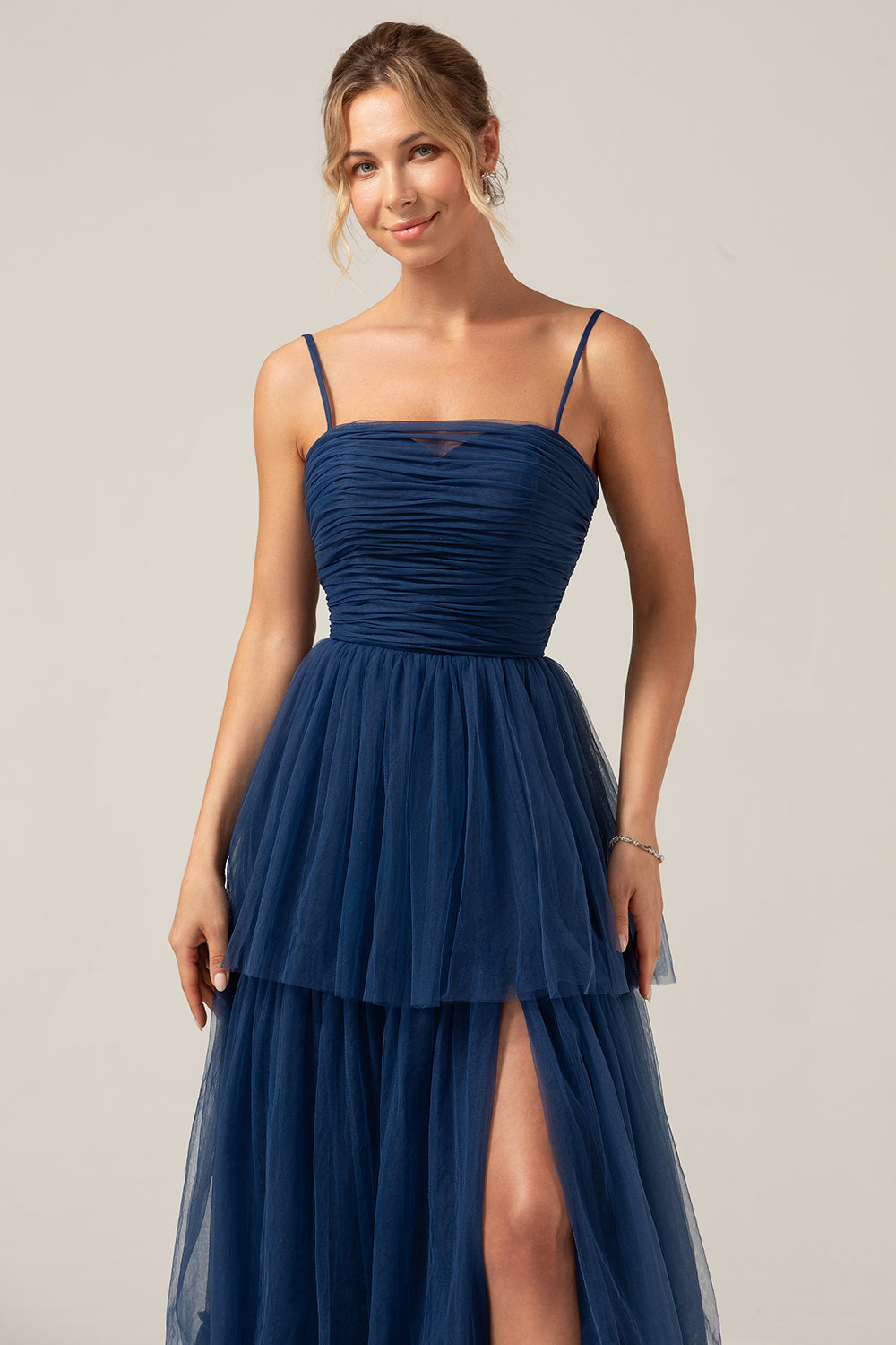 A Line Spaghetti Straps Tiered Navy Tulle Pleated Ball Dress with Slit