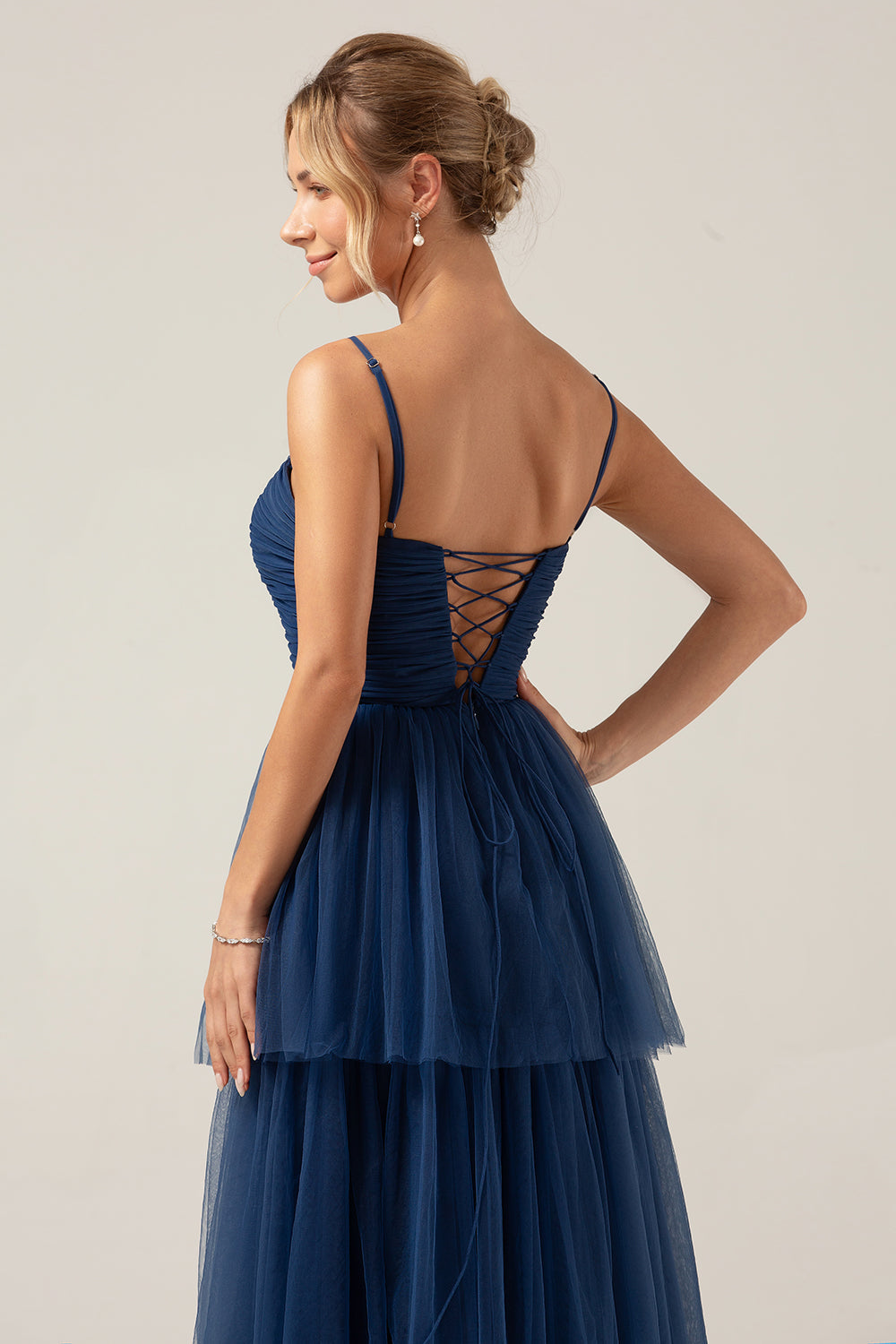 A Line Spaghetti Straps Tiered Navy Tulle Pleated Ball Dress with Slit