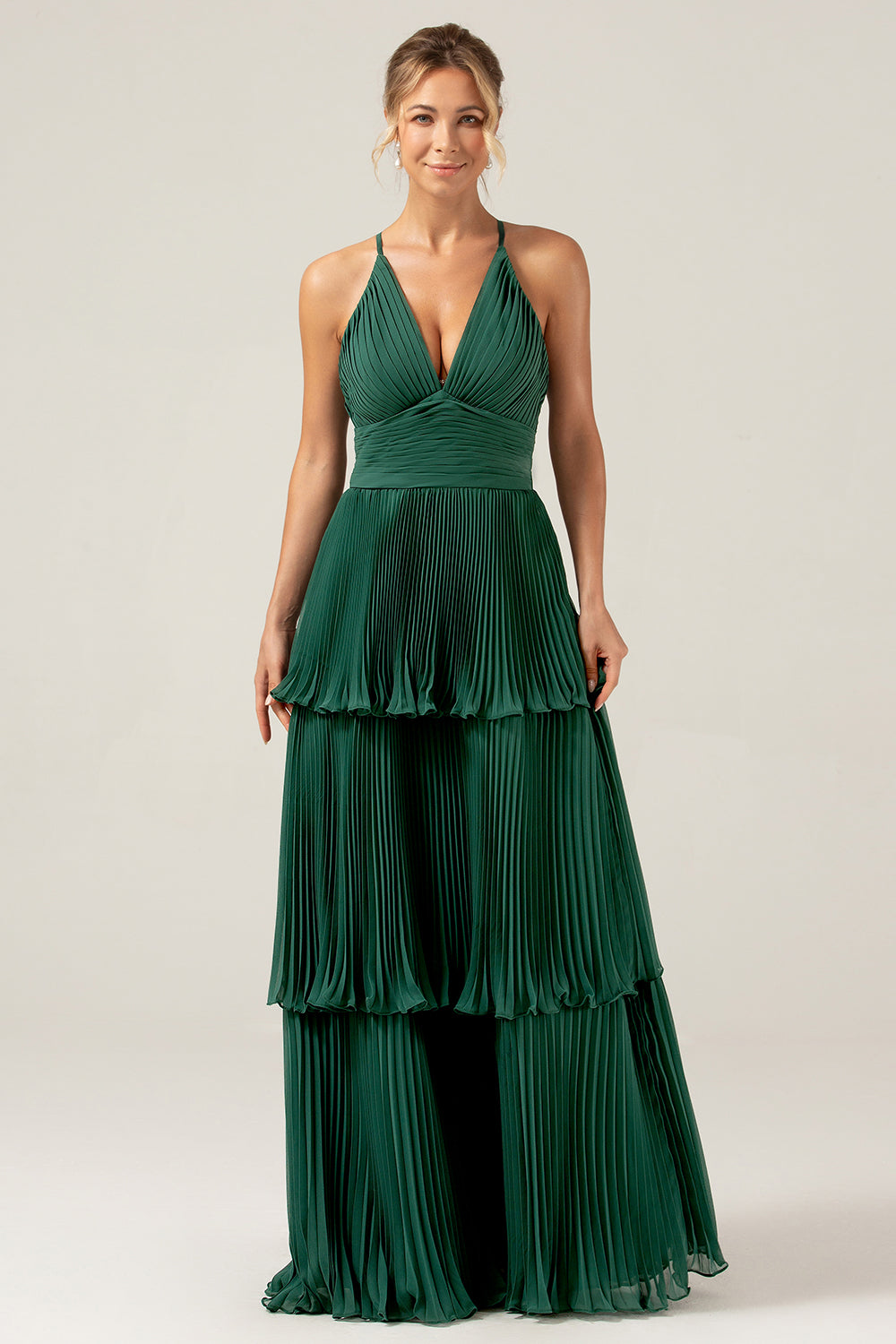 A-Line Tiered Chiffon Dark Green Long Bridesmaid Dress with Pleats
