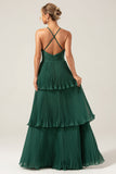 A-Line Tiered Chiffon Dark Green Long Bridesmaid Dress with Pleats