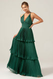 A-Line Tiered Chiffon Dark Green Long Bridesmaid Dress with Pleats