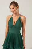 A-Line Tiered Chiffon Dark Green Long Bridesmaid Dress with Pleats