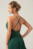 A-Line Tiered Chiffon Dark Green Long Bridesmaid Dress with Pleats