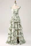 Green Floral Ruffles Tiered Ball Dress with Slit