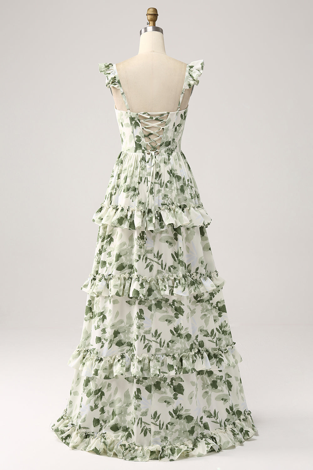 Green Floral Ruffles Tiered Ball Dress with Slit