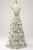 Green Floral Ruffles Tiered Ball Dress with Slit