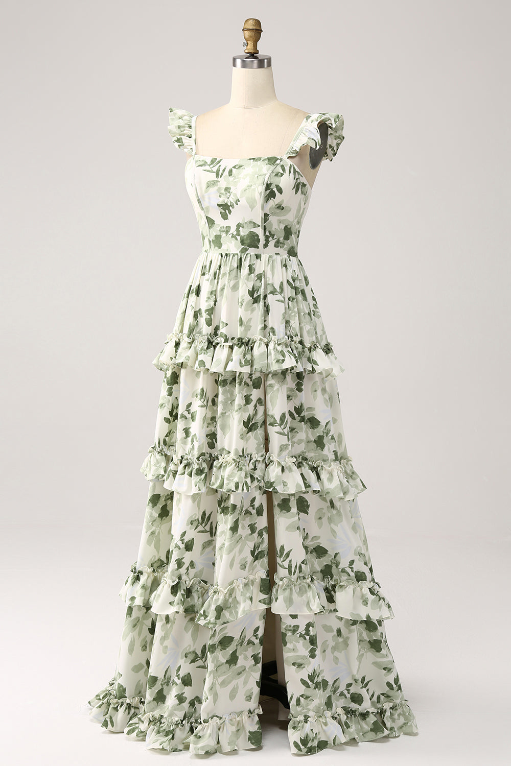 Green Floral Ruffles Tiered Ball Dress with Slit