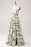 Green Floral Ruffles Tiered Ball Dress with Slit