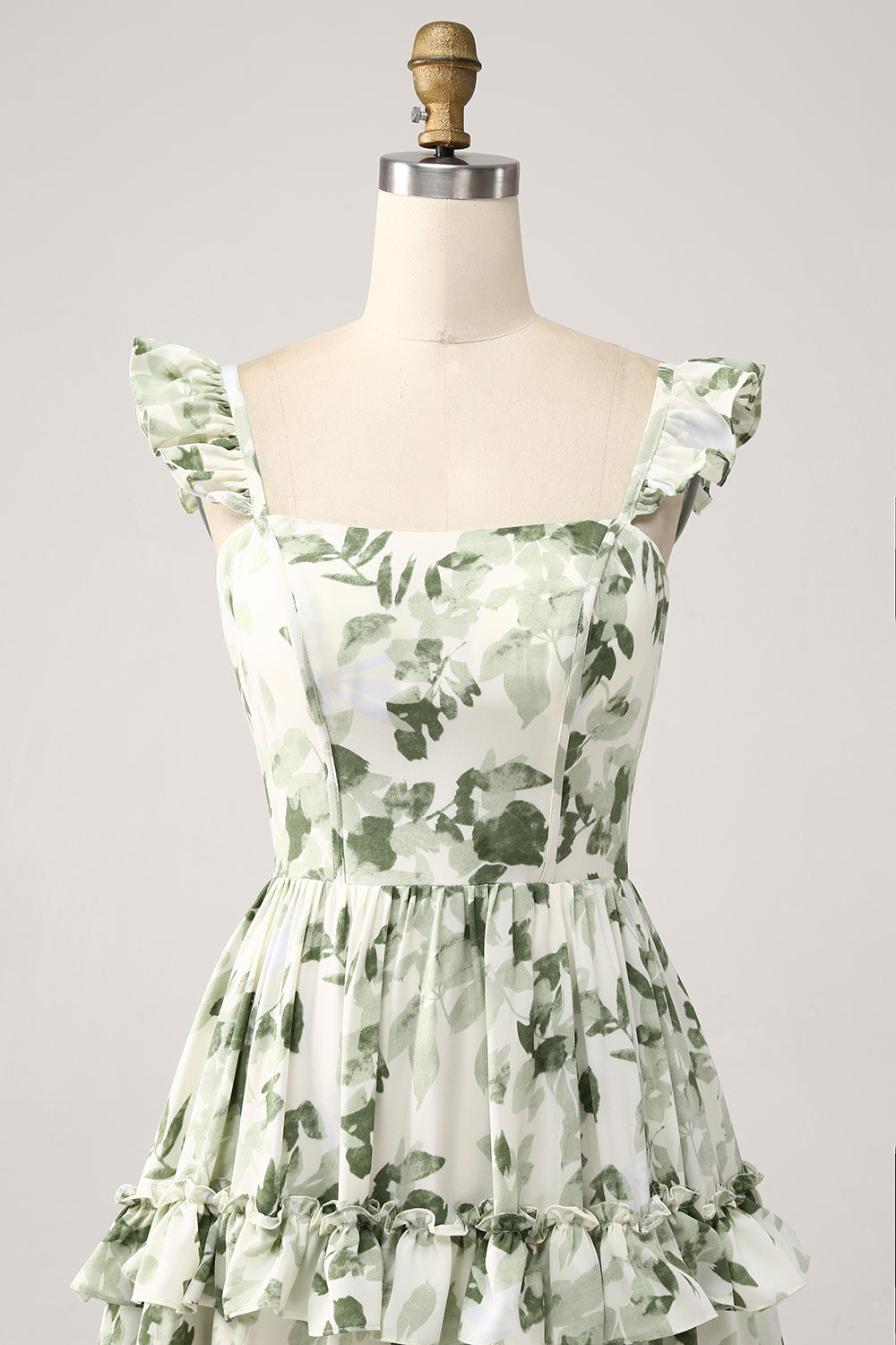 Green Floral Ruffles Tiered Ball Dress with Slit