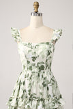 Green Floral Ruffles Tiered Ball Dress with Slit