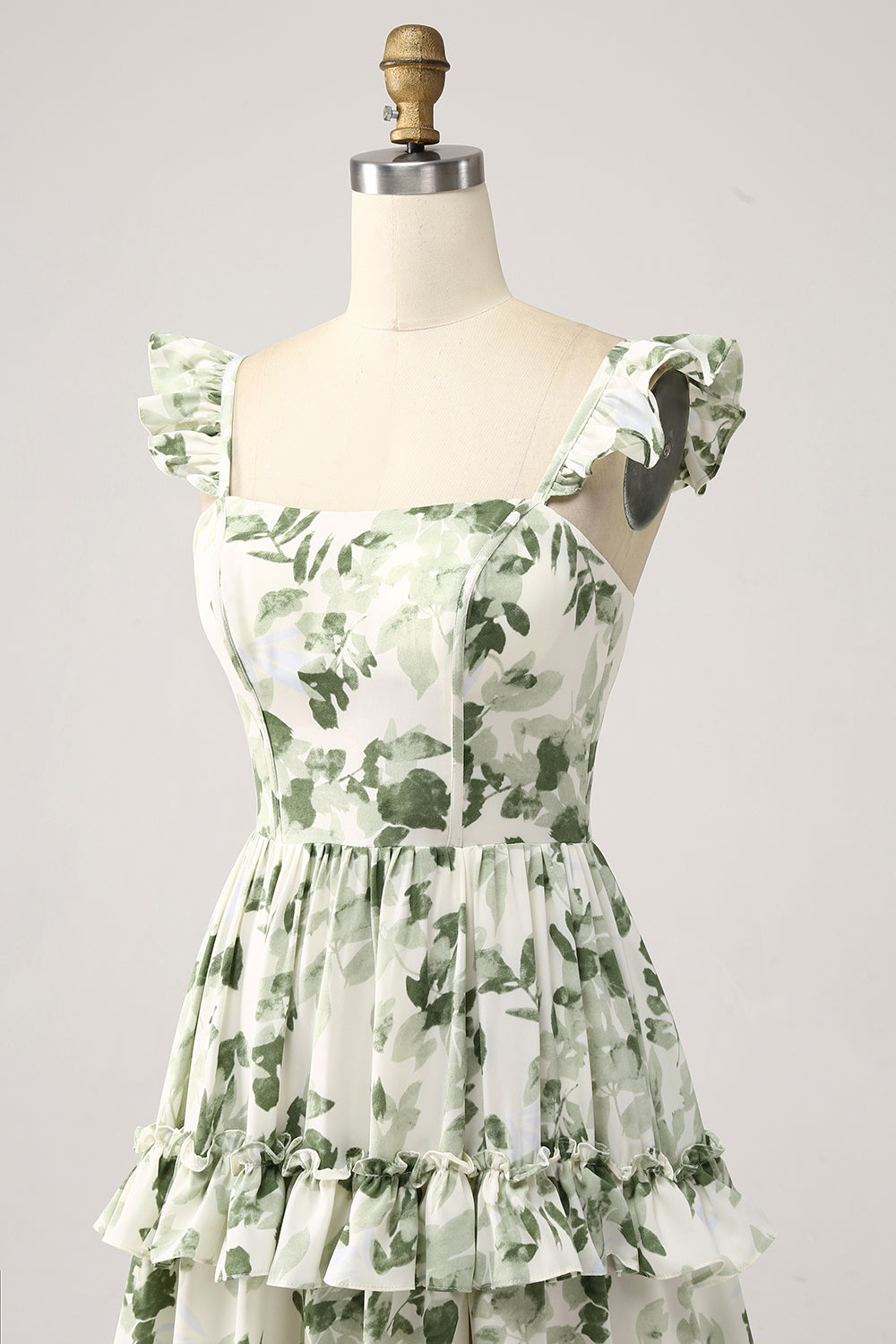 Green Floral Ruffles Tiered Ball Dress with Slit