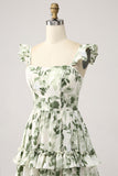 Green Floral Ruffles Tiered Ball Dress with Slit
