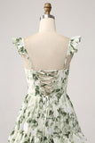 Green Floral Ruffles Tiered Ball Dress with Slit