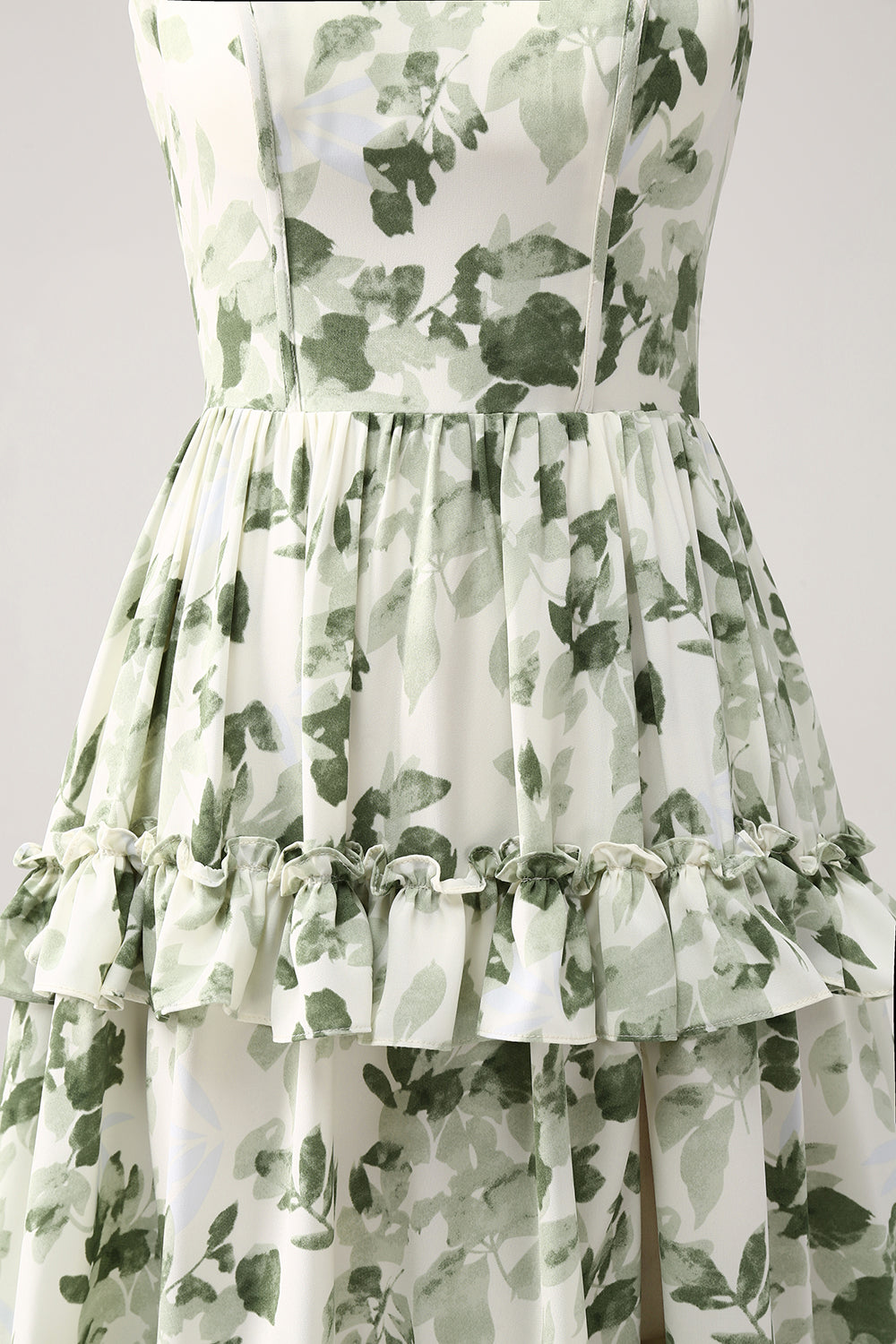 Green Floral Ruffles Tiered Ball Dress with Slit
